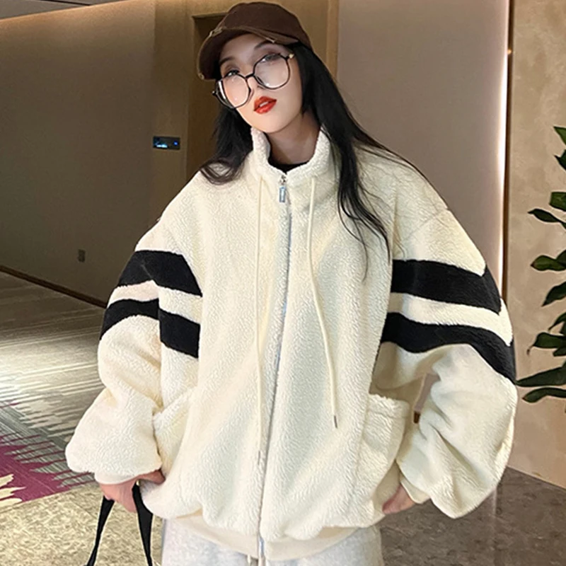 

2023 Autumn Winter Outfits for Lady Long Sleeve Zip Lamb Fur Coat Women Harajuku Oversized Loose Jacket Chaquetas Para Mujeres