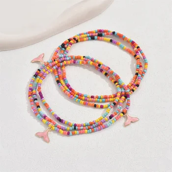 Rainbow Beads Cute Pink Whale Tail Pendant Anklets For Women Fishtail Foot Chain Beach Jewelry Ankle Bracelet Summer Accessories