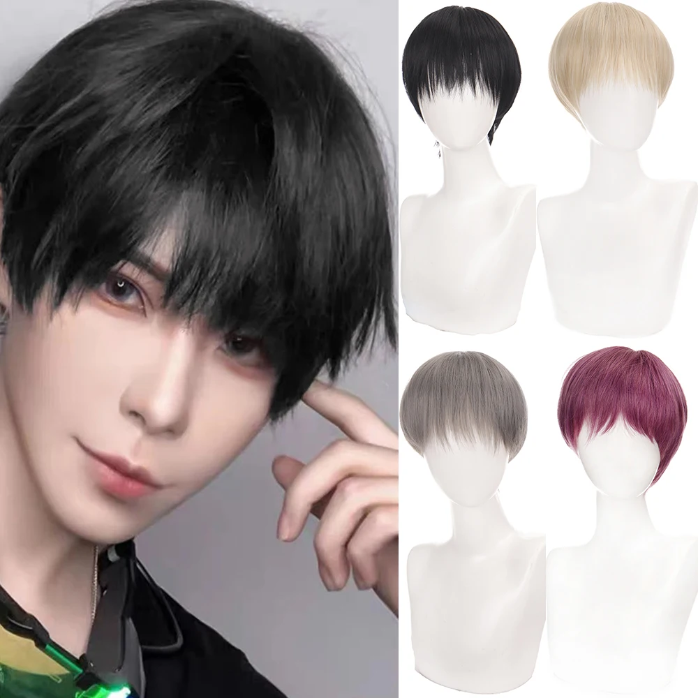 Fashion Men Short Wig Light Yellow Blonde Synthetic Wigs With Bangs For Male Women Boy Cosplay Costume Anime Halloween