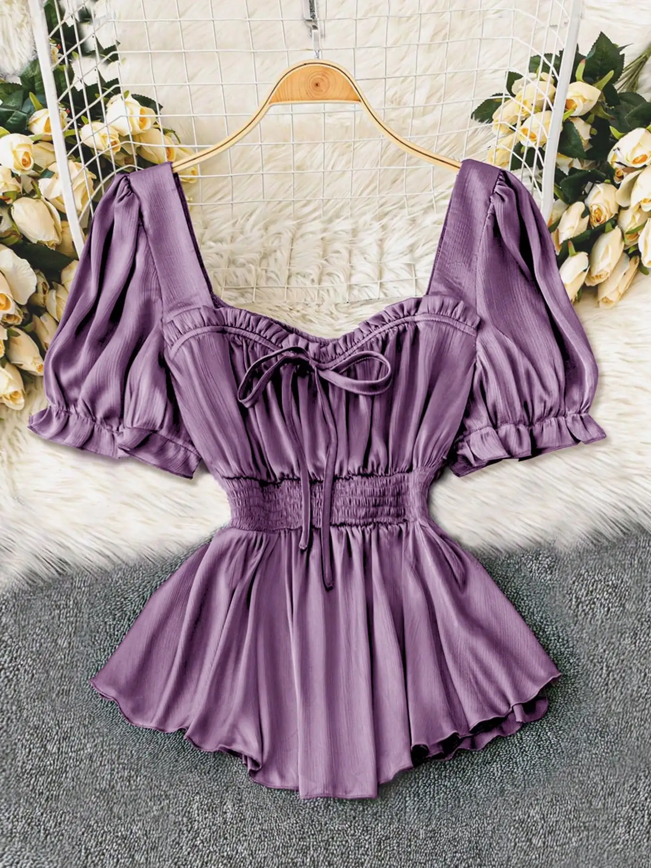 Chic Purple Pleated A-Line Top with Flared Sleeves for a Slimming Silhouette