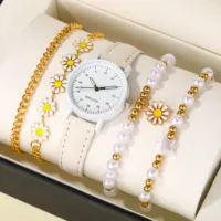 5pcs Set Of New Girls Lovely Creative Pentagram Daisy Pearl String Handmade Bracelet Watch Set 1