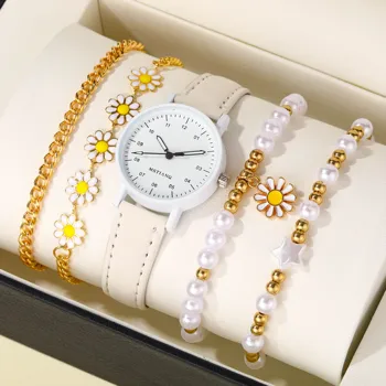 5 pçs conjunto de novas meninas adorável criativo pentagrama margarida pérola corda artesanal pulseira relógio conjunto 1