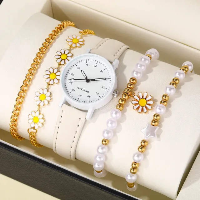 5pcs Set Of New Girls Lovely Creative Pentagram Daisy Pearl String Handmade Bracelet Watch Set 1
