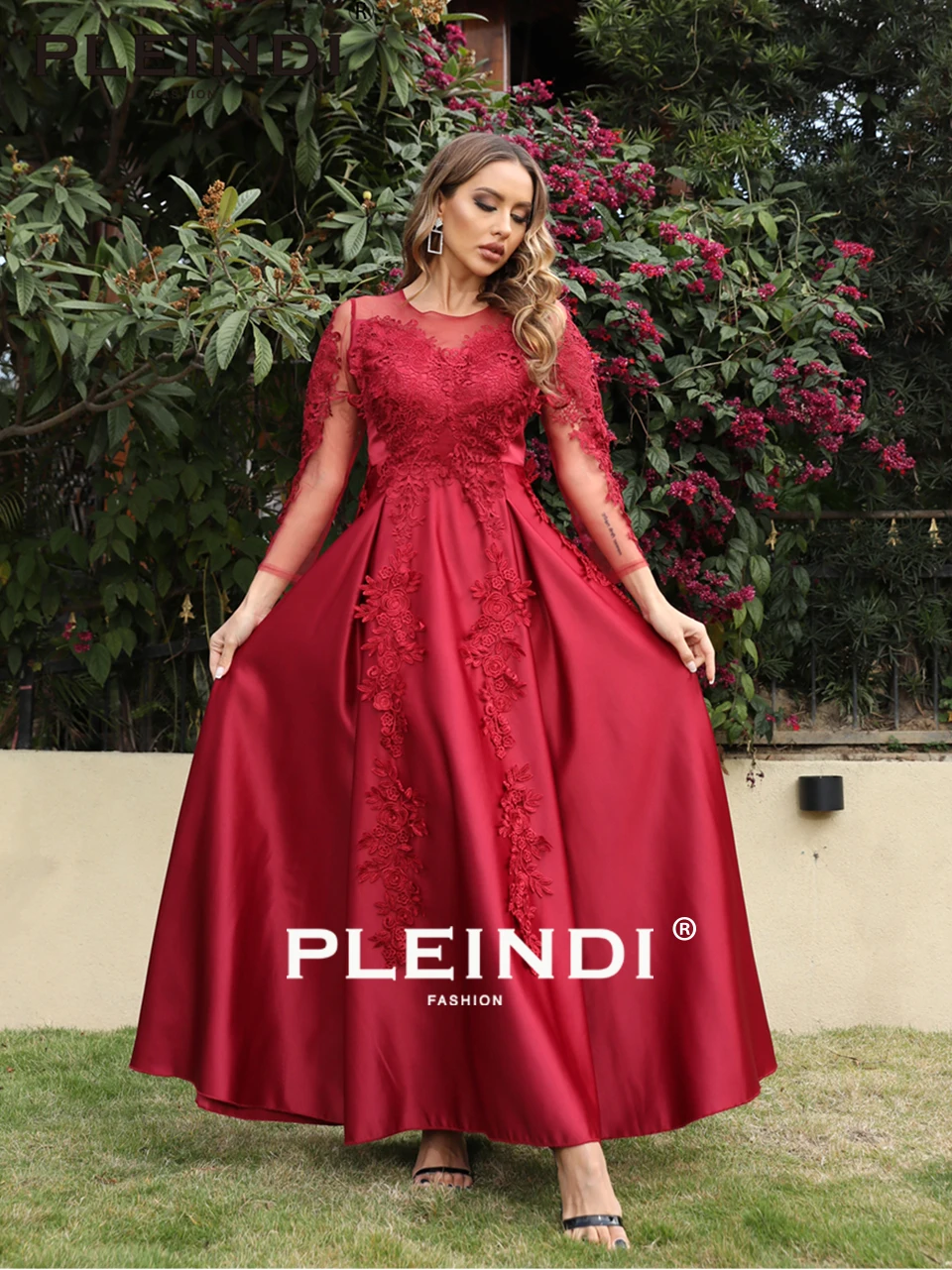 PLEINDI Vintage Evening Dresses Party Women Dress Wedding Long Sleeve O-Neck 2022 New Elegant Lace Corduroy Burgundy Red Prom