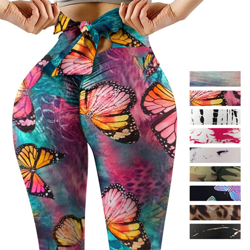 30 New Striped Leggings Hollow Sports Fitness High Waist Butt Lift Yoga Pants Push Up Gym Pant Women Workout Bowknot Legging XXL