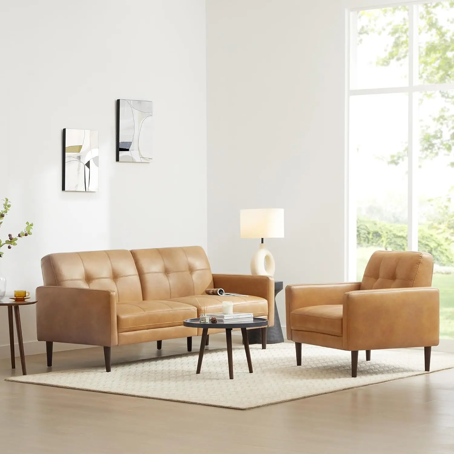 Mid-Century Sofas Furniture 73.2''W Faux Leather Sofa Couch Sets for Living Room Apartment, Cognac Brown, Customized 5