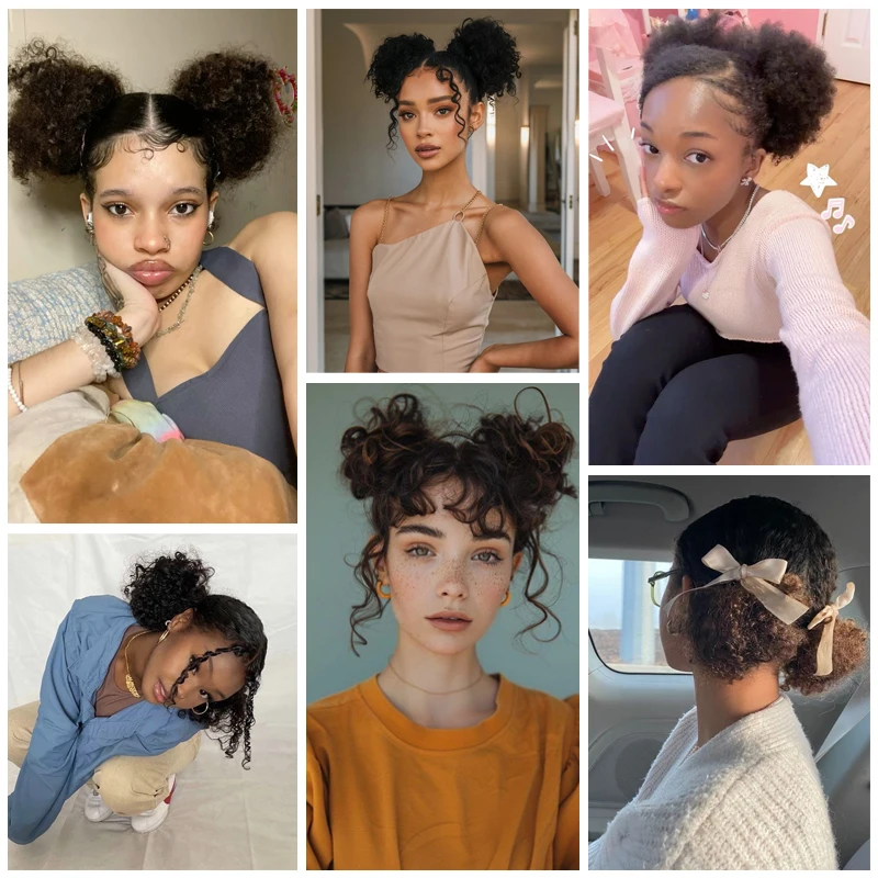2Pcs Kinky Curly Chignon Hair Bun Wig Afro Puff Hair Extensions Synthetic Curly Bun Hairpiece with Hair Tie for Women Girls Wear