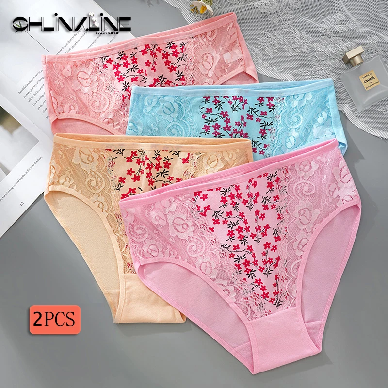 

2PCS Women Floral Sexy Panties Cotton Underwear Comfortable Underpants Mid Waist Print Sexy Woman's Briefs Soft Lady Lingerie