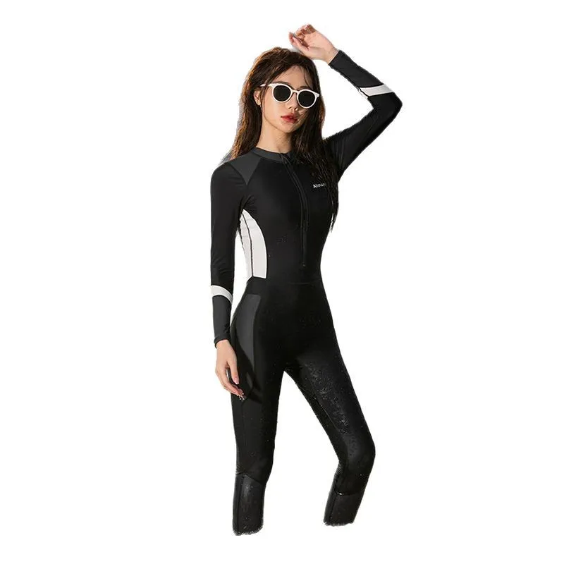 Women's One-piece Swimsuit with Long Sleeves and Pants Fully Wrapped for Sun Protection and Belly Coverage, Slimming Diving Suit - 3