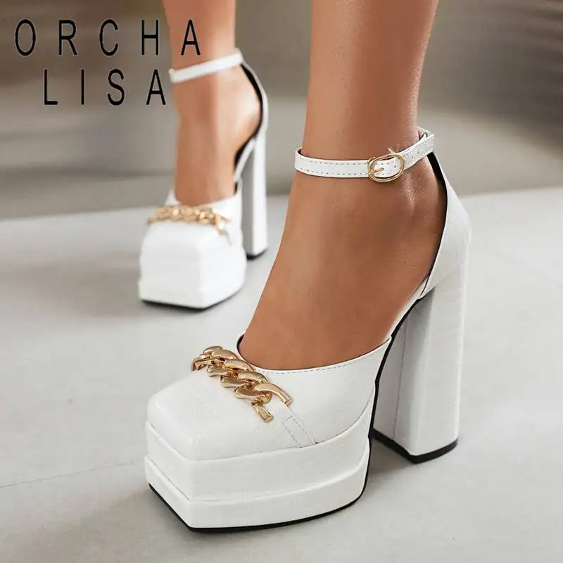 

ORCHA LISA Women Pumps Square Toe Chunky Heel 14cm Double Platform 5cm Buckle Strap Stone Big Size 44 45 Chain Party Shoe