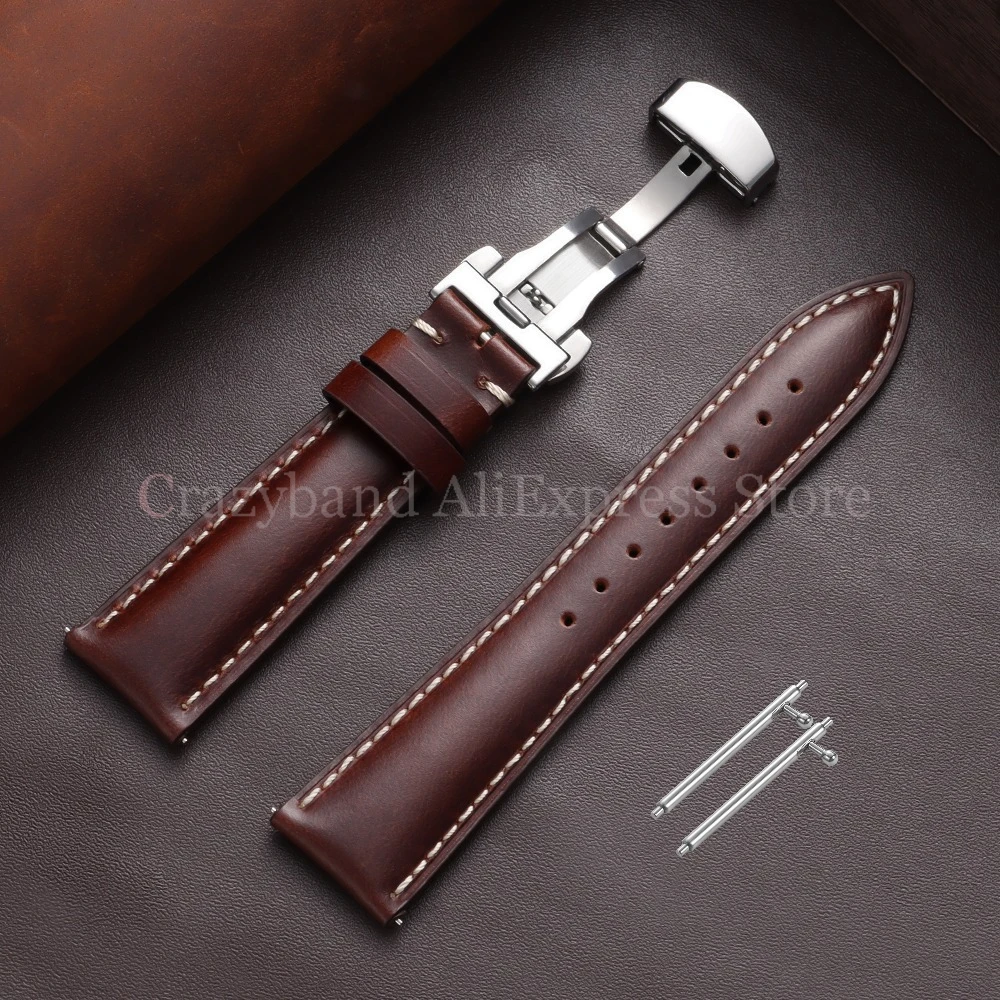 Premium Oil Wax Discoloration Calf Leather Watch Strap with Butterfly Buckle