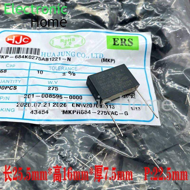 10PCS/LOT HJC Huarong MKP 0.68uf 684 680nf 310v 305v 275v X2 safety film capacitor 25.5x16x7.5mm pin distance 22.5mm