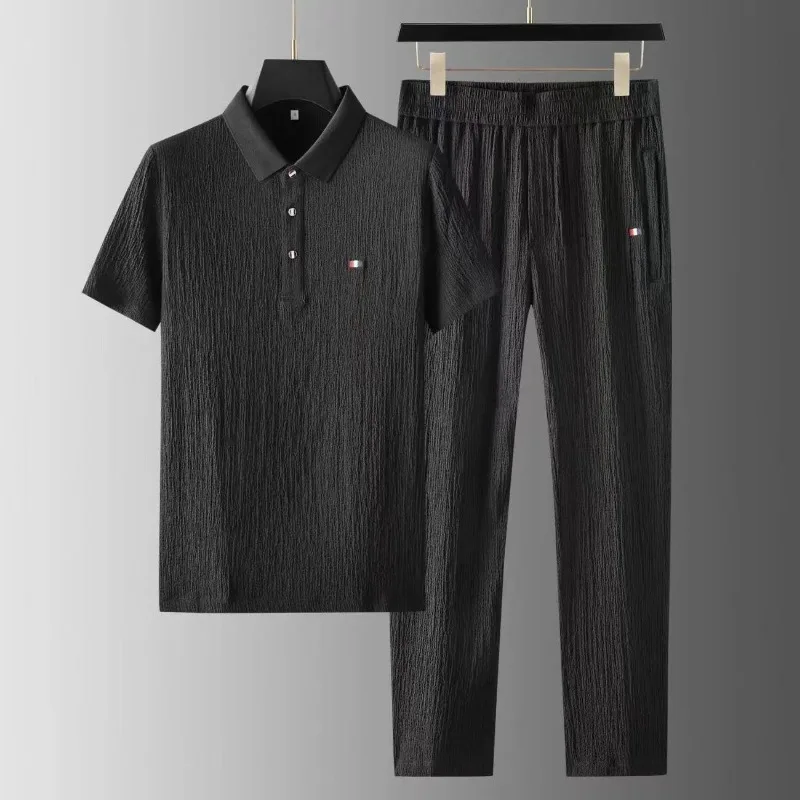 Foreign Trade 2024 Summer Thin Ice Silk Short Sleeved Set for Men's Casual Lapel T-shirt, Cropped Pants, Sports Two-piece Set 4