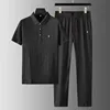 Foreign Trade 2024 Summer Thin Ice Silk Short Sleeved Set for Men's Casual Lapel T-shirt, Cropped Pants, Sports Two-piece Set 4