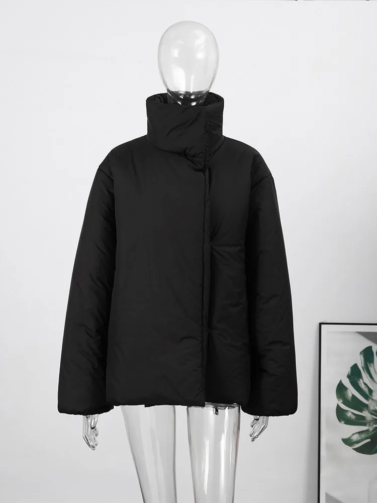 Stehkragen Solide Diagonal Knopfleiste Gepolsterte Jacke Frauen Elegante Lange Hülse Lose Herbst Winter Mäntel Chic Damen Neue Outer – Detail 2