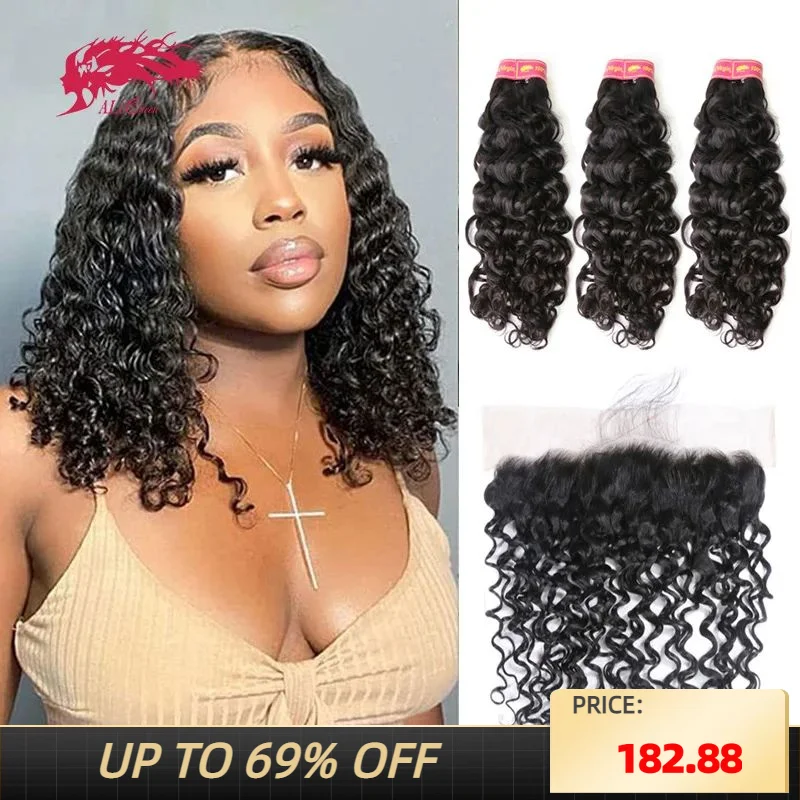 Ali Queen Hair Water Wave Hair Bundles Human Hair With Frontal 13x4 Peruvian Remy Hair Bundles With Closure Frontal Women Wigs