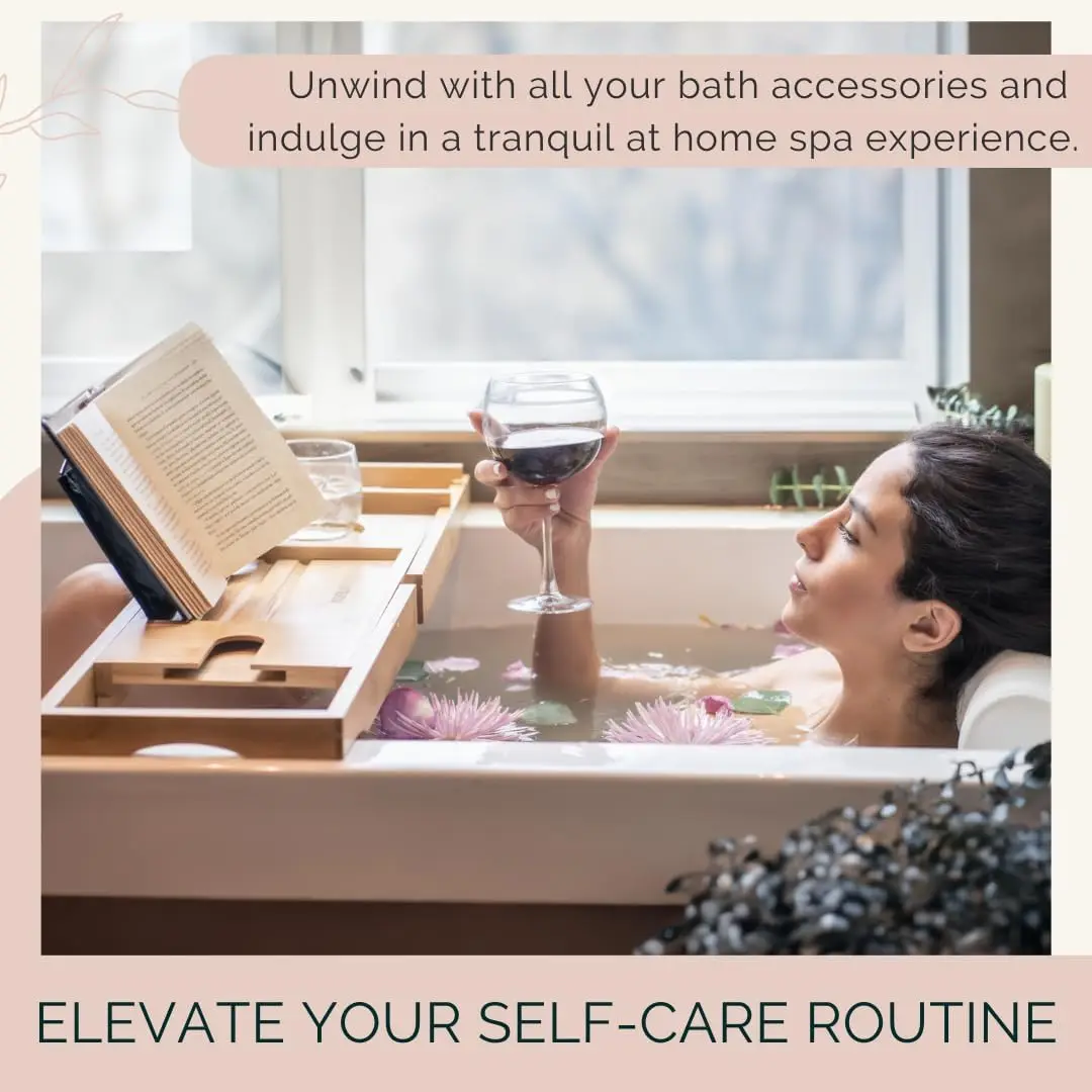 Foldable Bamboo Bathtub Tray Caddy -Expandable Bath Tray for Tub Secure Non-Slip Bathtub Caddy for Tub Bath Accessories