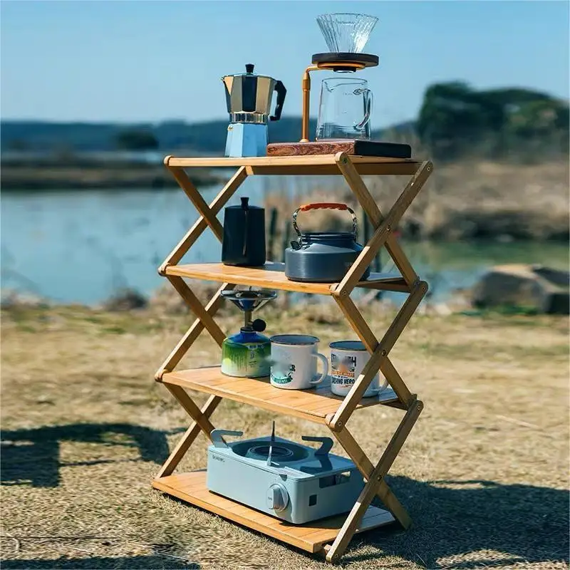 2023 NOKALE Camping Shelf Outdoor Camping Portable Storage Rack Picnic Tableware Table Bamboo Folding Multi-Layer Display Rack