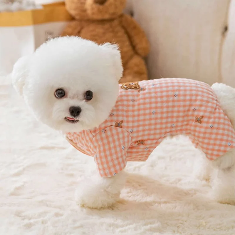 겨울용 따뜻한 강아지 네발옷 곰 프린트 강아지 재킷 코트 두꺼운 부드러운 강아지 점프수트 체크무늬 고양이 다운 재킷 애완동물 오버올