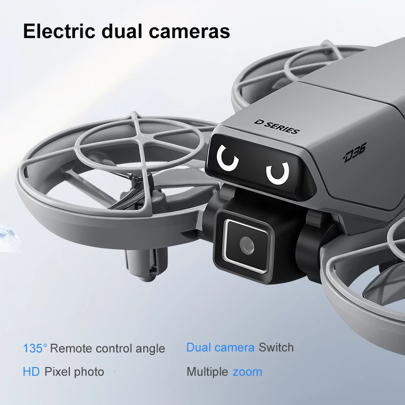 Drone D36 en vol dans un ciel bleu, capturant des images aériennes avec sa caméra 8K, stabilisé par GPS.