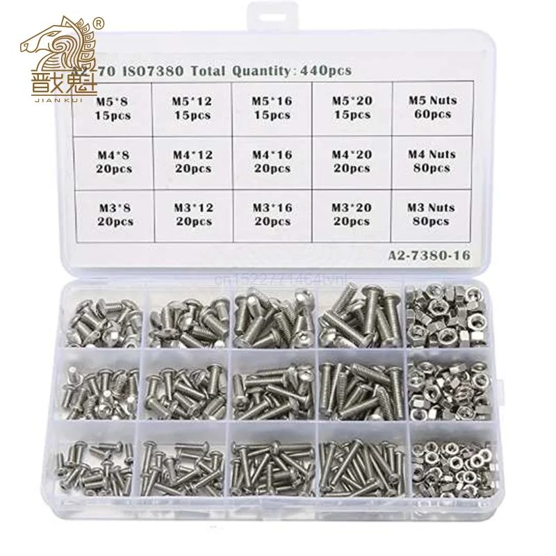 440pcs Bolts and Nuts Set M3 M4 M5 Stainless Steel Hex Socket Button Head Cap Screws Bolts Nuts Assortment Kit Screw