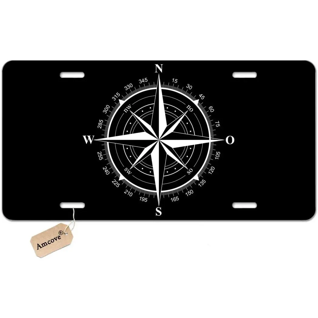 

Compass Rose Novelty Front License Plate Decorative Vanity Aluminum Sign Black and White Vanity Metal Novelty License Plate Tag