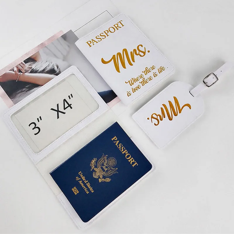 PU Leather Black and White Couple Travel Baggage Tags Passport Cover Mr Mrs Gift Passport Holder Luggage Tag Set Portable Label