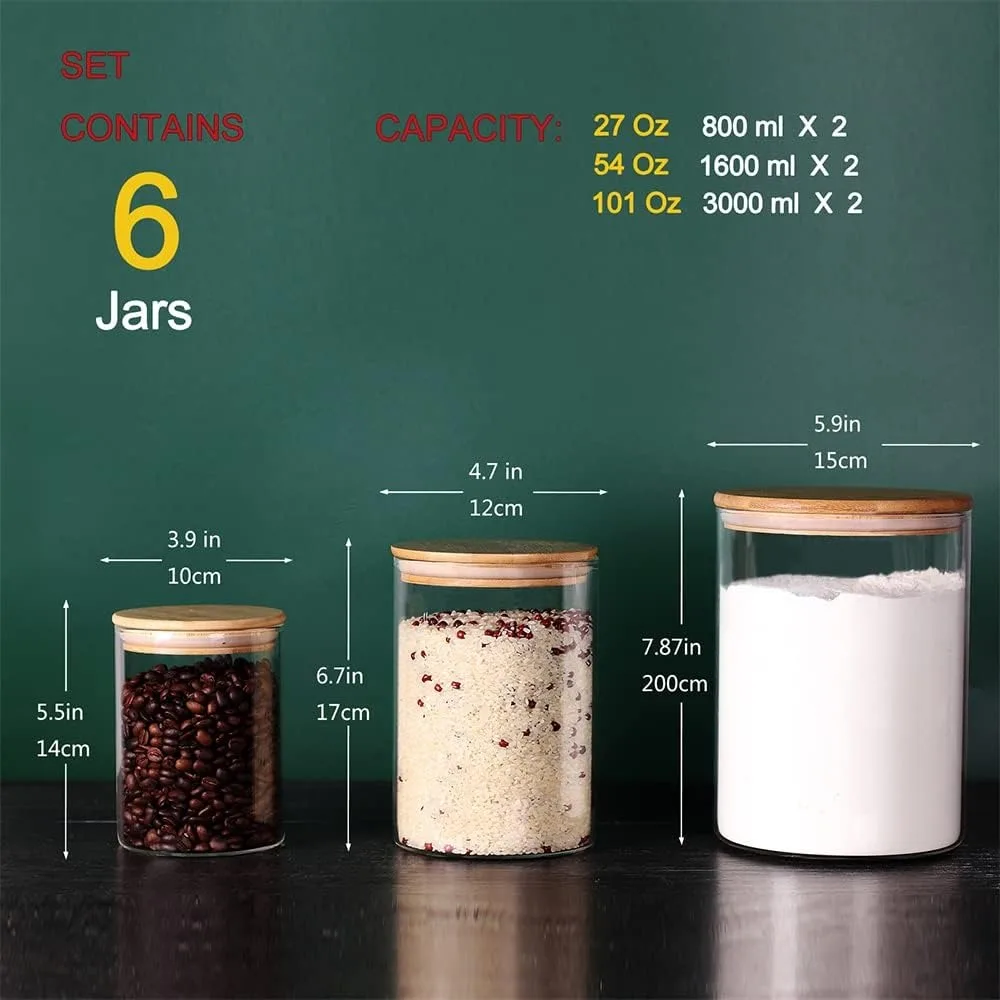 Glass flour Jars with Airtight Lids, 6 Pack Sugar and Flour Salt Containers Set, Extra Large Glass Rice Jar with Bamboo lid for