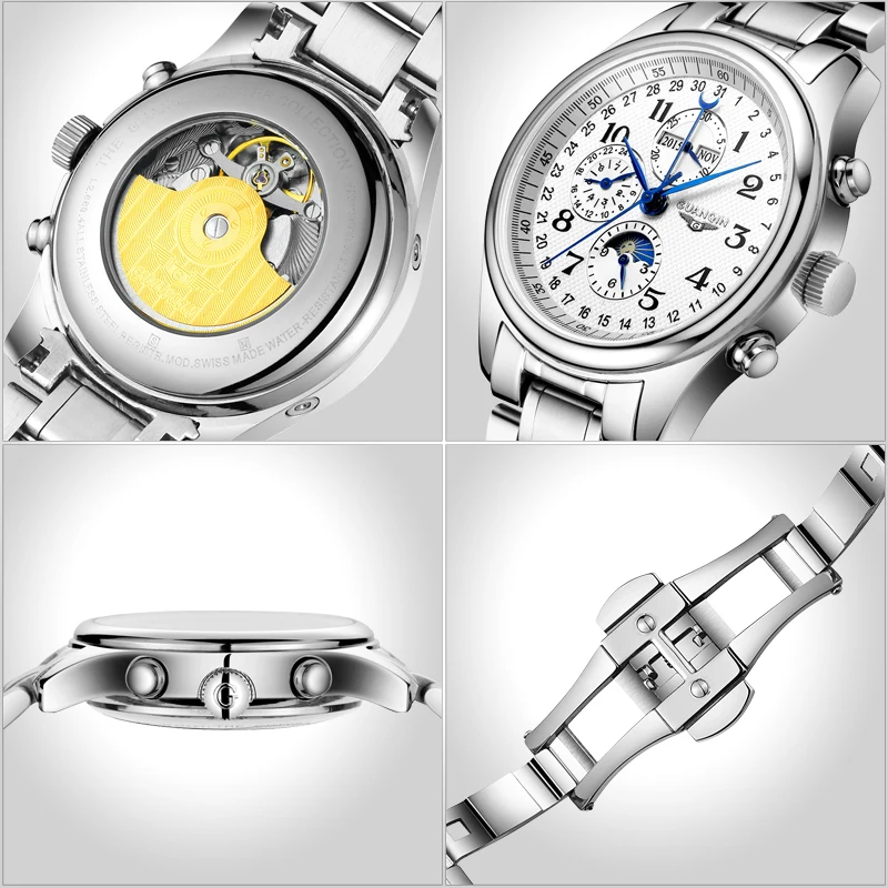 GUANQIN Multifunctional Mechanical Automation Men Watches Stainless Steel Waterproof Moon Phase Watch Sapphire Mirror Wristwatch Mechanical Watch