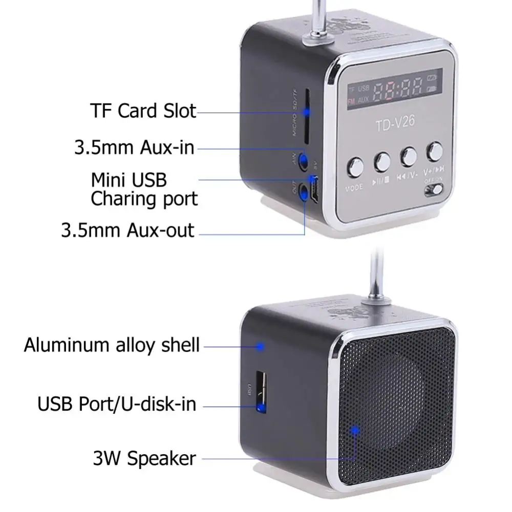 Stereo music speaker showing portable design and built-in rechargeable battery.
