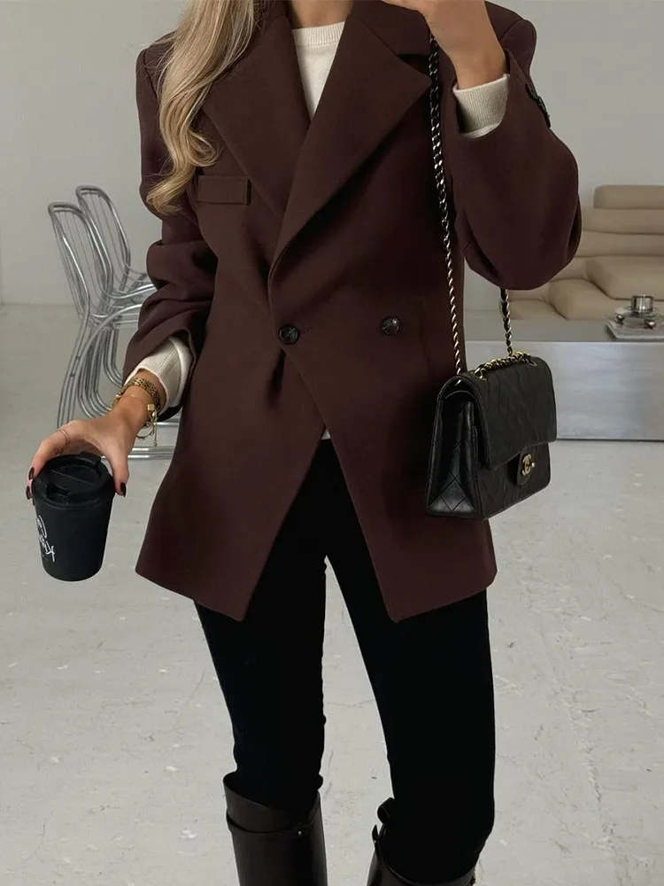 Women Fashion Solid Blazer Lapel Slim Double Breasted Long Suit Coat Female Office Commute Blazers Woman Street Outercoat Top ﻿