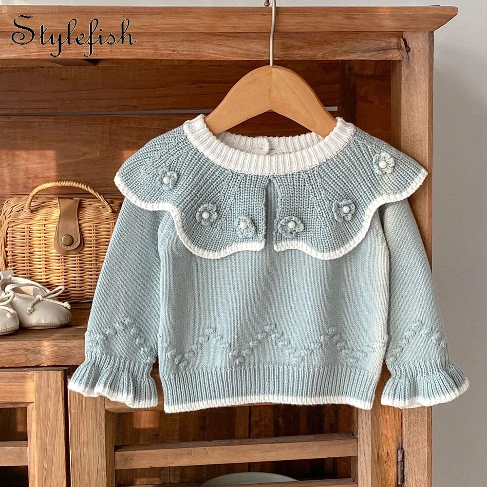 Baby Girls Sweater Spring And Autumn Girl Baby Fashion Versatile Handmade Ball Ball Lotus Collar Pullover Sweater Knit