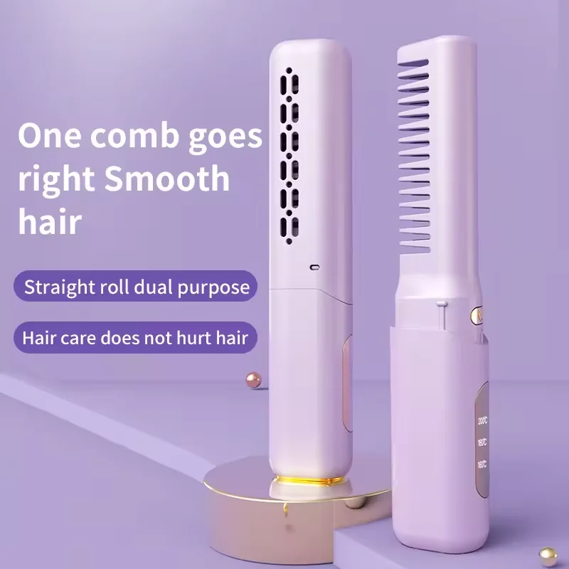 New Design Auto Power Off Fluffy Stylish Charging Anti-scald Fast Heat 2 in 1 Mini Wireless Portable Straight Comb Roller