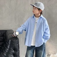 الكورية الاطفال الأزرق العمودي مخطط الخريف قميص لصبي التصميم الكلاسيكي طويلة الأكمام قميص بلوزة الأطفال ملابس كاجوال سن 3-14 3