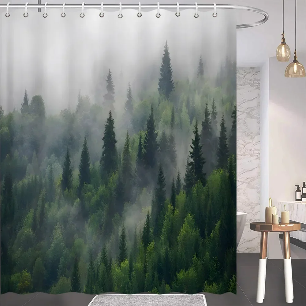 Shower Curtains Natural Bathroom Decor Shower Curtain Grey White Mountains Birds Pine Forest Landscape