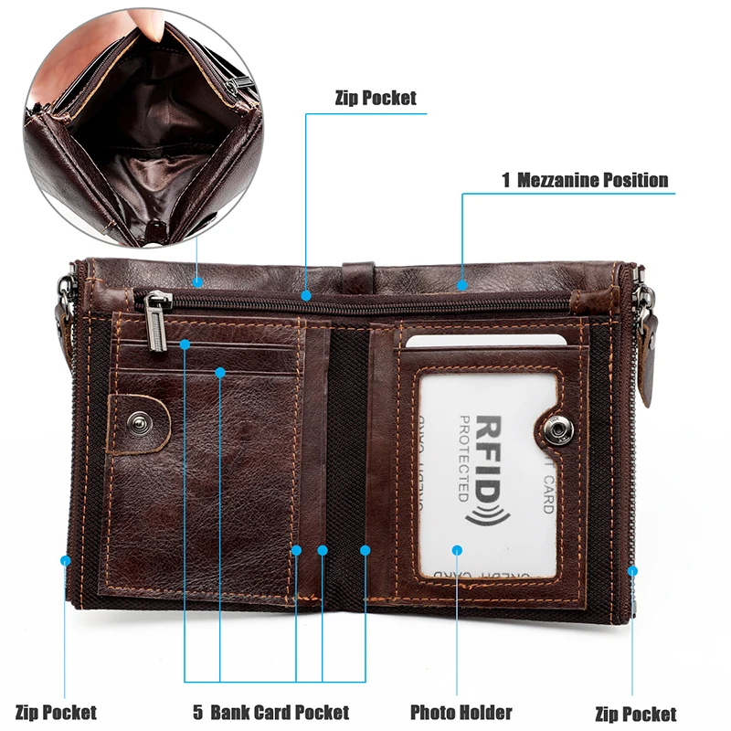 Genuine Leather Short Men RFID Wallets Name Engraving Leather Card Holder Brand Men Purse Retro Coin Pocket Zipper Male Wallet 5