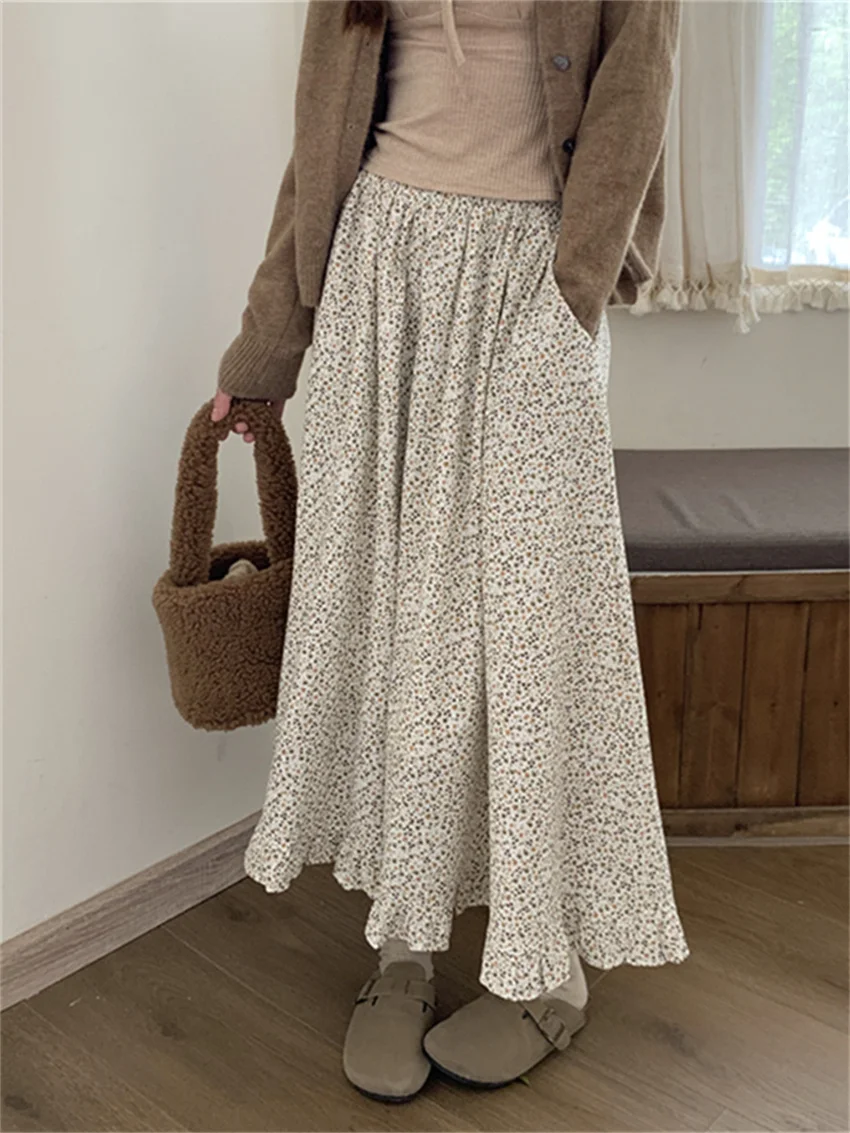 

Alien Kitty Sweet Florals Women Long Skirts 2024 Spring Chic Loose High Waist All Match Gentle Slim New Printed Elegant