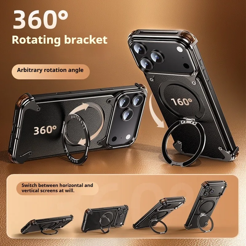 Eary for iPhone 17 Pro Max Air Phone Case Genuine Leather Magsafe Frameless Shell With 360°Rotate Magnetic Stand Anti-Drop Cover