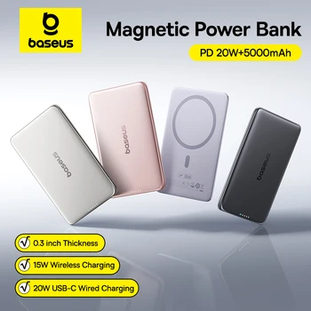 Baseus-Banco de energía magnético de 5000mAh, 15W, inalámbrico, 20W, carga por cable, tamaño de tarjeta delgada, portátil, para iPhone y Samsung
