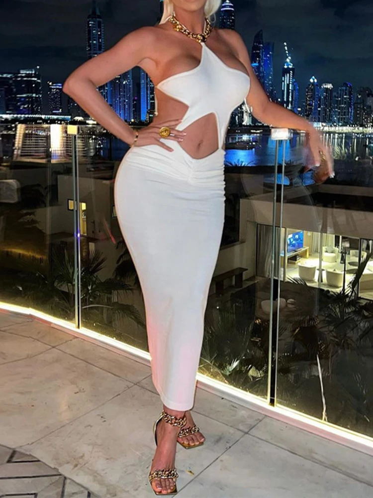

OMSJ Star Shape Hot Sexy Bodycon Irregular Party Maxi Dress Halter Neck Sleeveless Open Back Trendy High-waist Solid Women Dress
