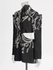 TWOTWINSTYLE Solid Spliced Diamonds Chic Blazers For Women Notched Collar Long Sleeve Patchwork Button Designer Coat Female New 2