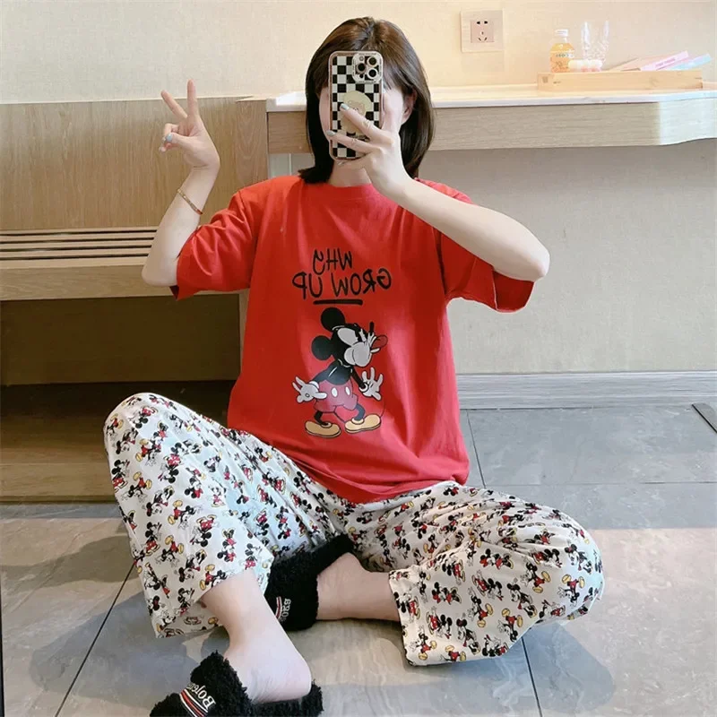 

cartoon Mickey print pajamas women's summer thin cute short-sleeved trousers two-piece suit home service pajamas Disney