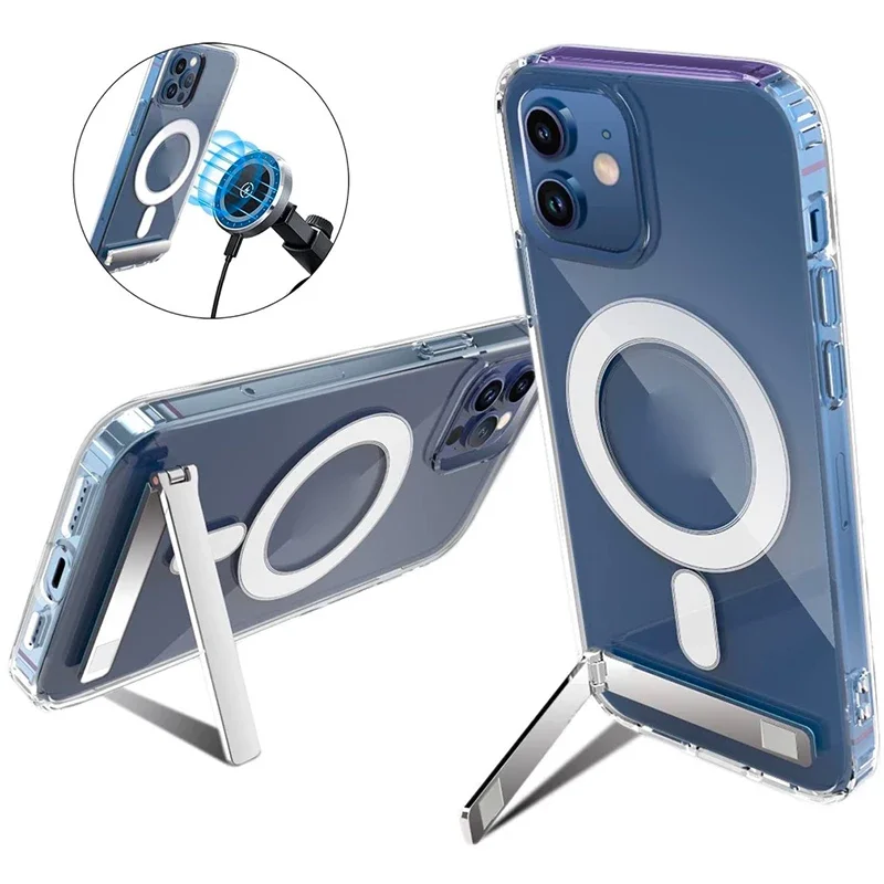 UYUXIO Magnetische mobiele telefoonhoes met standaard Kristalheldere standaardhoes met houder voor iPhone 17 Pro Max 16 15 12 13 Mini
