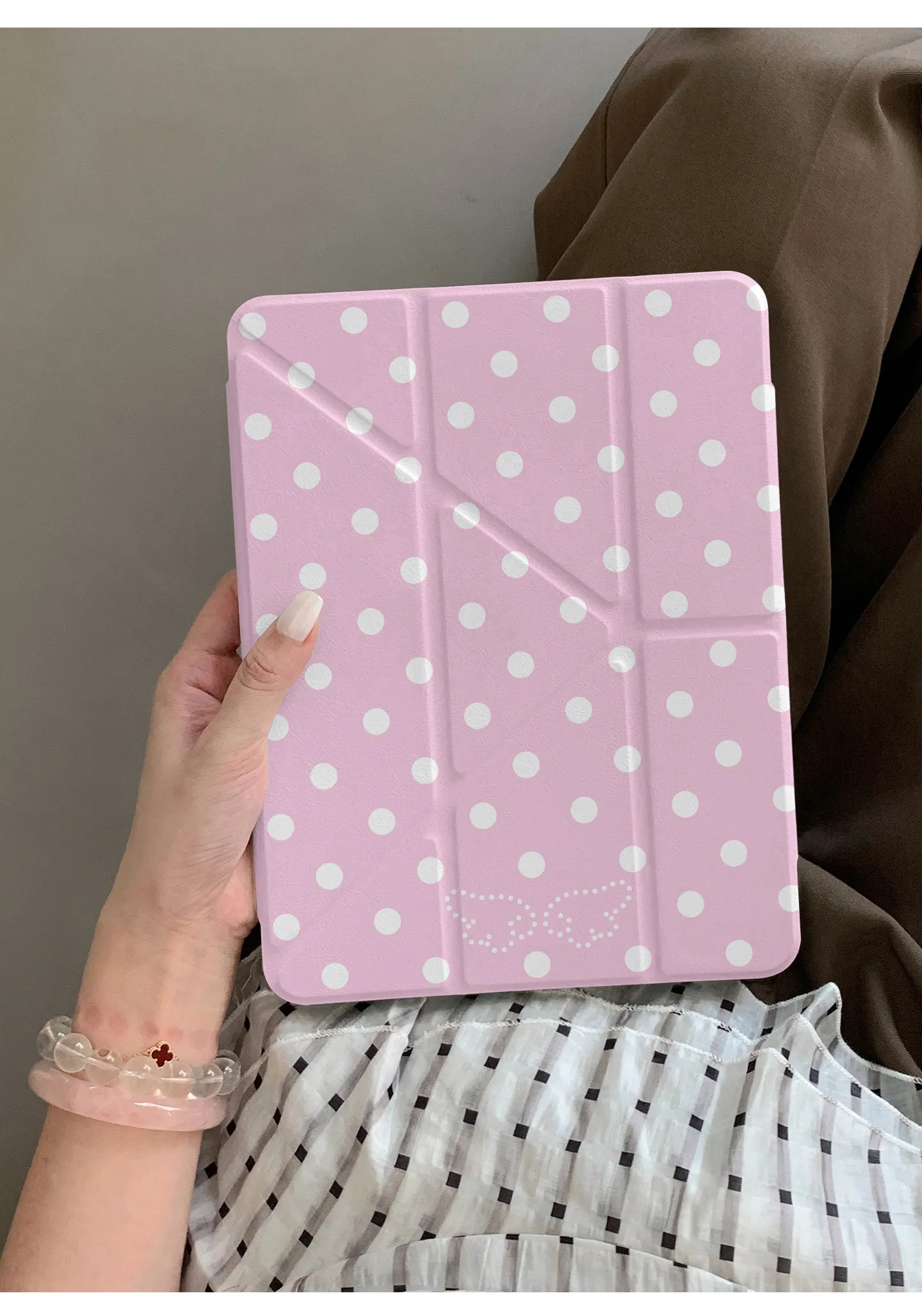 Pink Polka Dots & Cartoon Animals Kids Tablet Case, Foldable Design