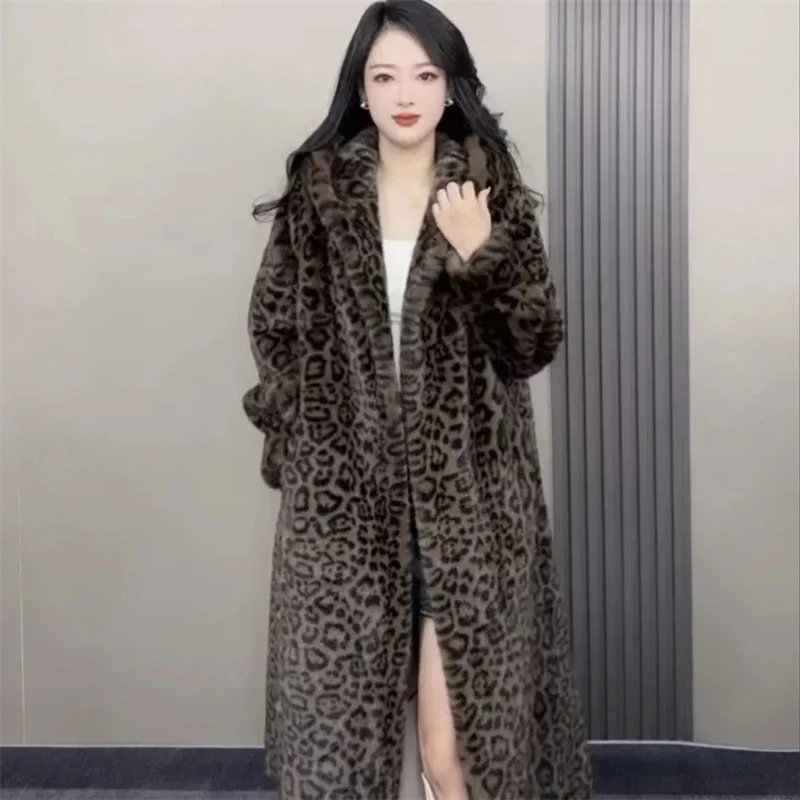 Imitated Mink Velvet Jacket Women Leopard Print Lazy And Stylish Extended Coat For Women Winter Hooded Warm And Thick Fur Coat