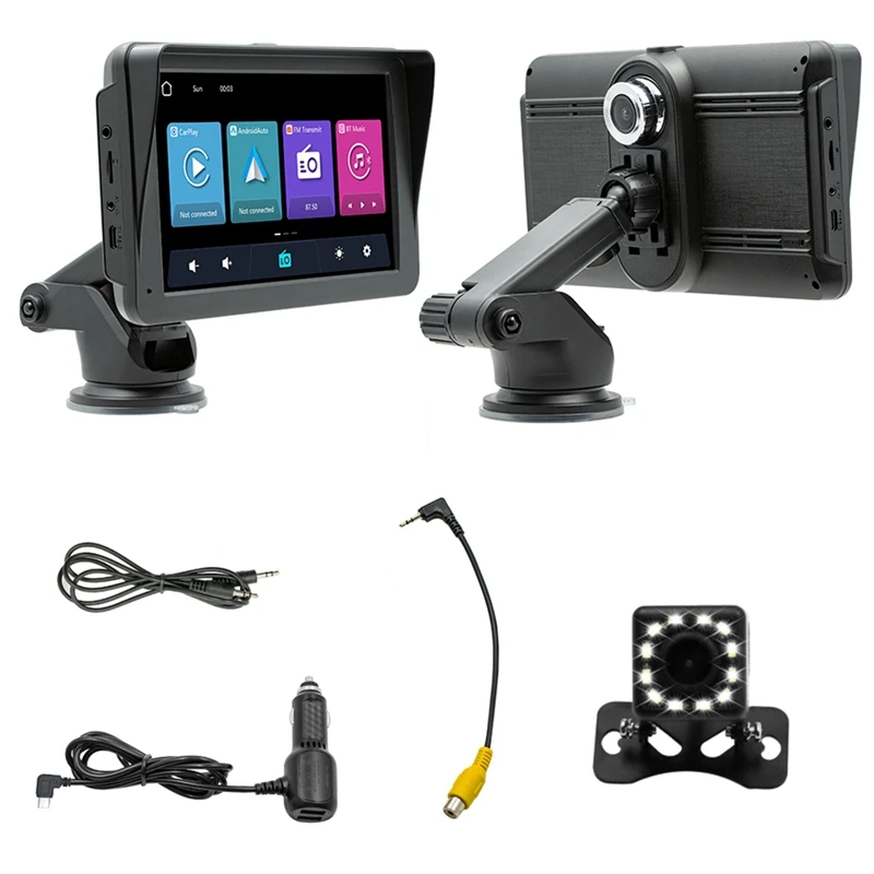 

7-дюймовый автомобильный радиоприемник с видеорегистратором, крепление для приборной панели Carplay и Android Auto, автомобильная стереосистема Bluetooth, Mirror Link, FM, прочная камера заднего вида