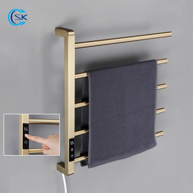 ห้องน้ําแปรงทองผ้าเช็ดตัวอุ่นอุณหภูมิควบคุมเวลาไฟฟ้าอุ่นราวแขวนผ้าเช็ดตัวสแตนเลสชั้นวางผ้าขนหนูไฟฟ้า 1