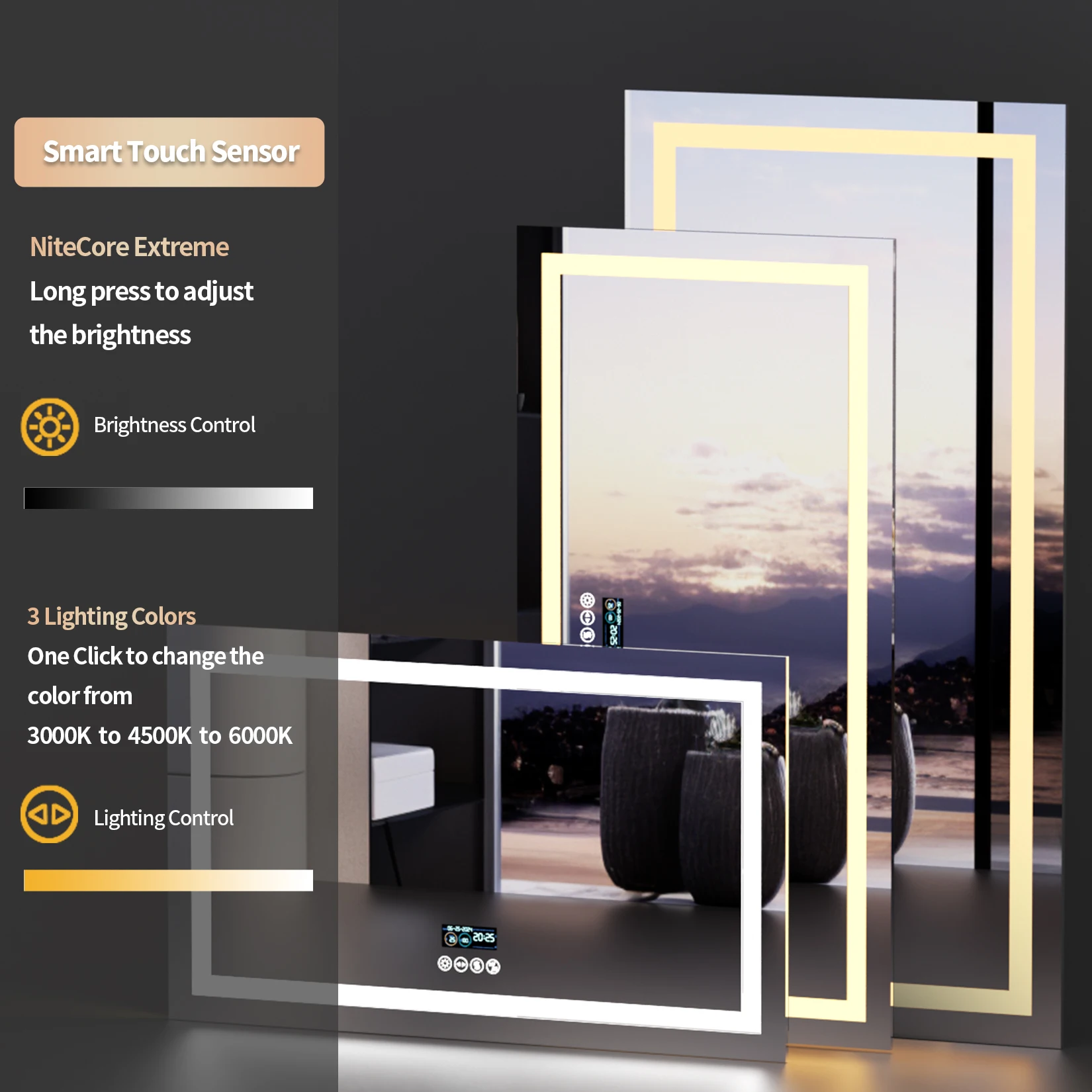 Wisfor LED Bathroom Mirror with Lights Vanity Make Up Mirror Dimmable, Smart Bluetooth Digital Display 3 Colors Memory 5