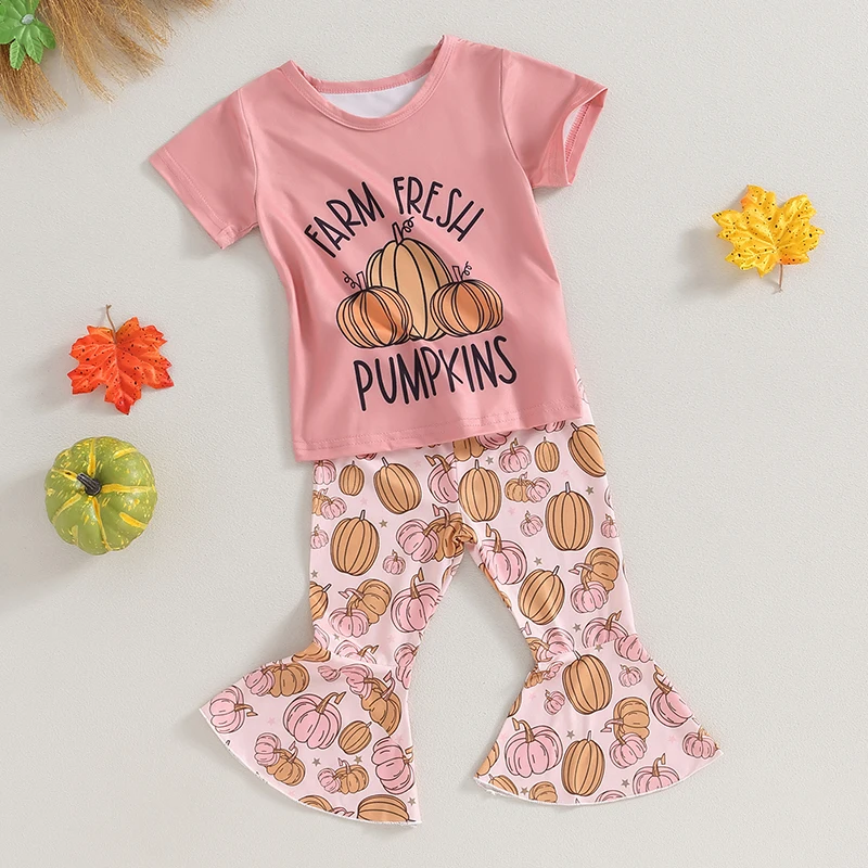 

Toddler Girls Halloween Pants Sets Short Sleeve Letter Pumpkin Print Tops Flared Pants Sets