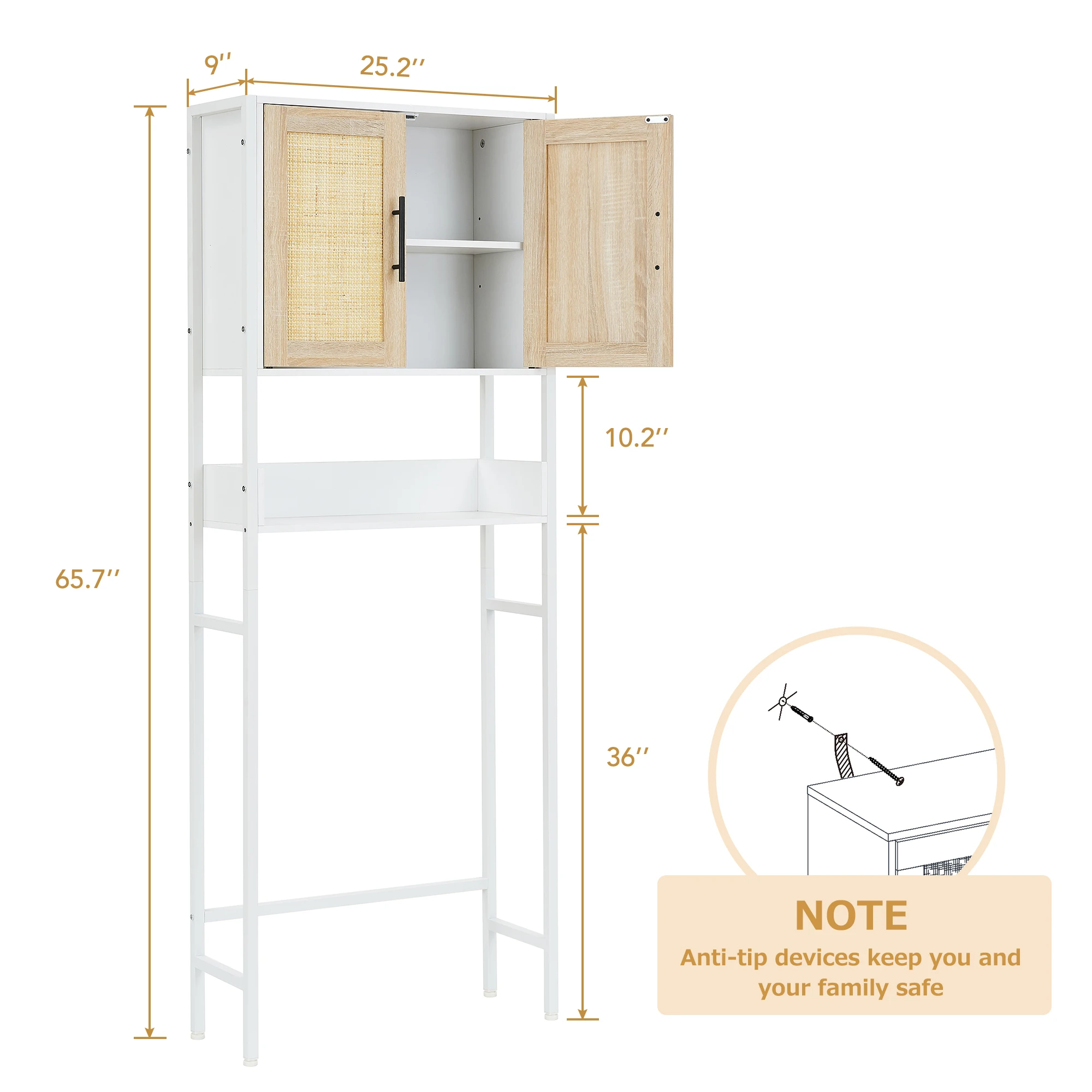 Over The Toilet Storage Cabinet, Bathroom Above Toilet Storage Wood Cabinet with Rattan Door and Adjustable Shelves 2
